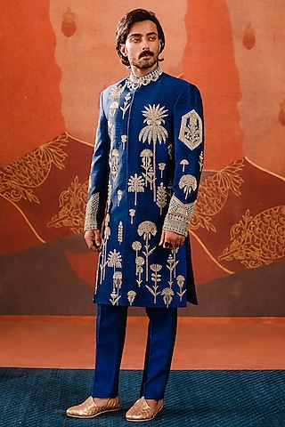 Navy Blue Heavy Raw Silk Embellished Sherwani Set by Masaba Men