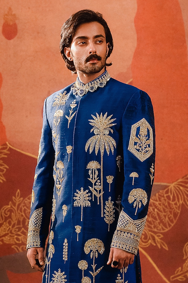 Navy Blue Heavy Raw Silk Embellished Groom Sherwani Set by Masaba Men at Pernia's Pop Up Shop
