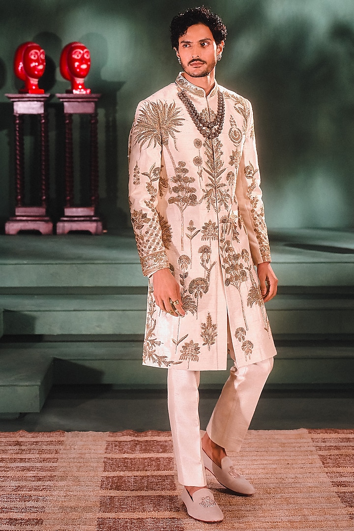 Ivory Heavy Raw Silk Dabka Work Groom Sherwani Set by Masaba Men at Pernia's Pop Up Shop