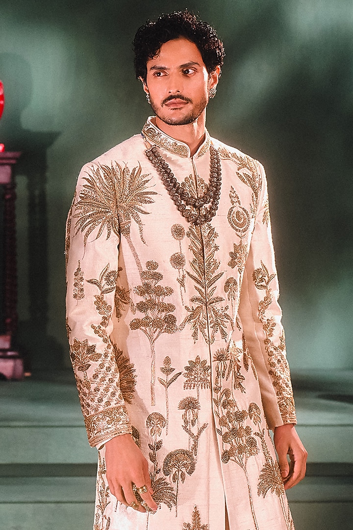 Ivory Heavy Raw Silk Dabka Work Groom Sherwani Set by Masaba Men at Pernia's Pop Up Shop