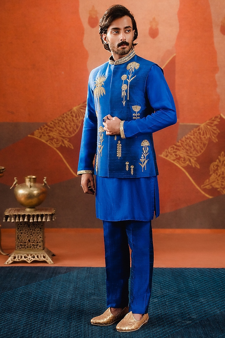 Navy Blue Heavy Raw Silk Motifs Embroidered Bundi Jacket Set by Masaba Men