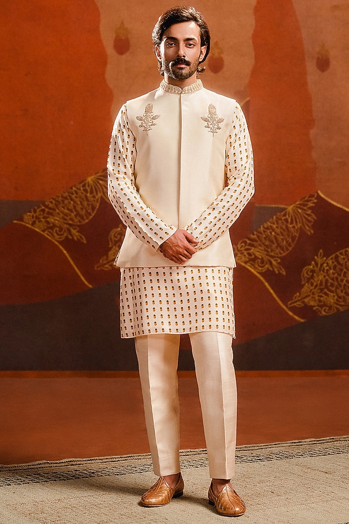 Ivory Dupion Silk Bundi Jacket Set by Masaba Men