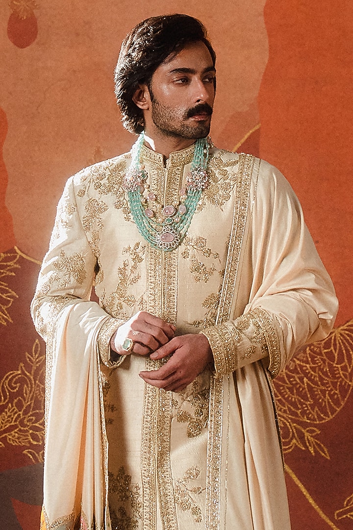 Almond-Colored Heavy Raw Silk Moti Embroidered Groom Sherwani Set by Masaba Men at Pernia's Pop Up Shop