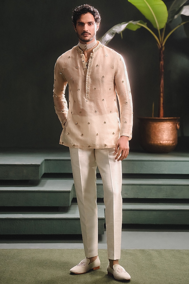 Ivory Georgette Tissue Motif Embroidered Short Kurta by Masaba Men at Pernia's Pop Up Shop