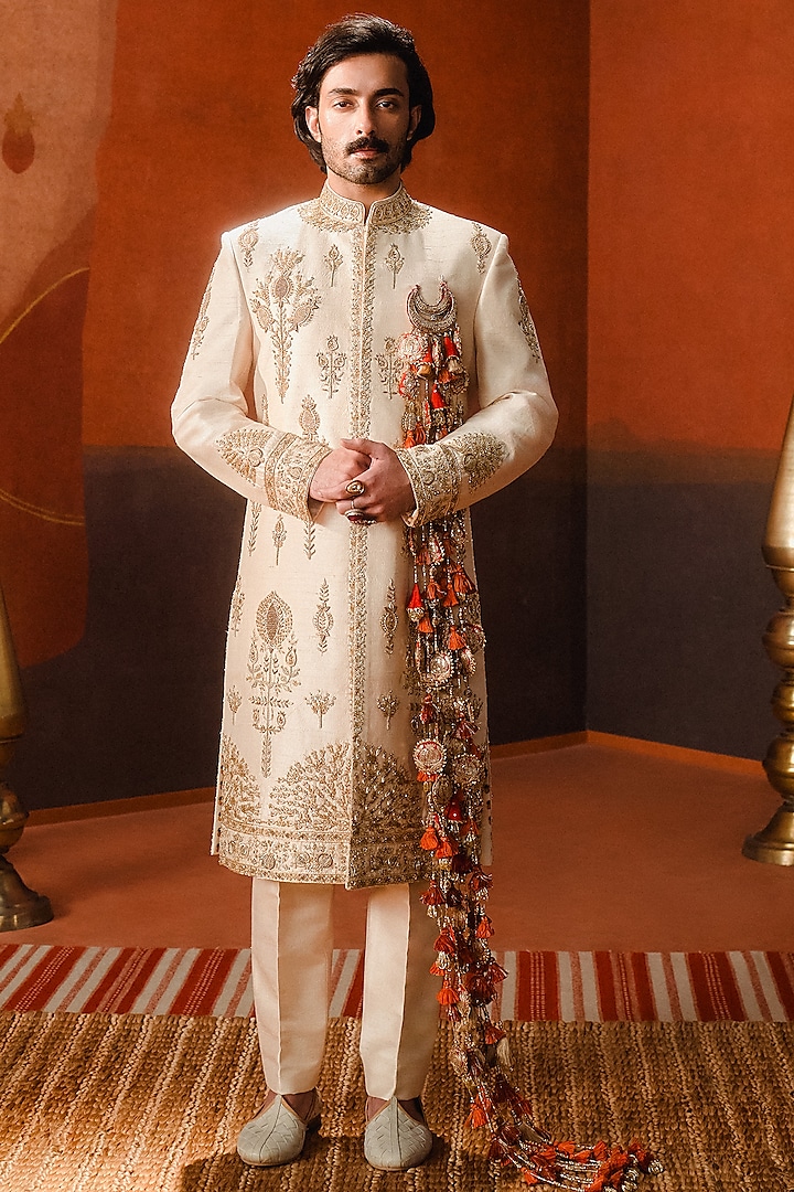 Beige Heavy Raw Silk Zardosi Work Sherwani Set by Masaba Men