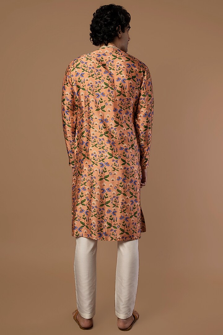 Creamy Raw Silk Peach Printed Kurta Set by Masaba Men at Pernia's Pop Up Shop