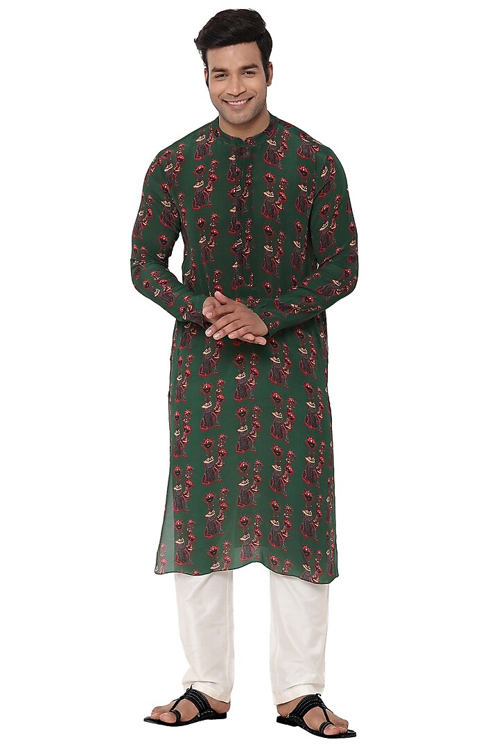Dark Green Crepe Printed Kurta Set by Masaba Men at Pernia's Pop Up Shop