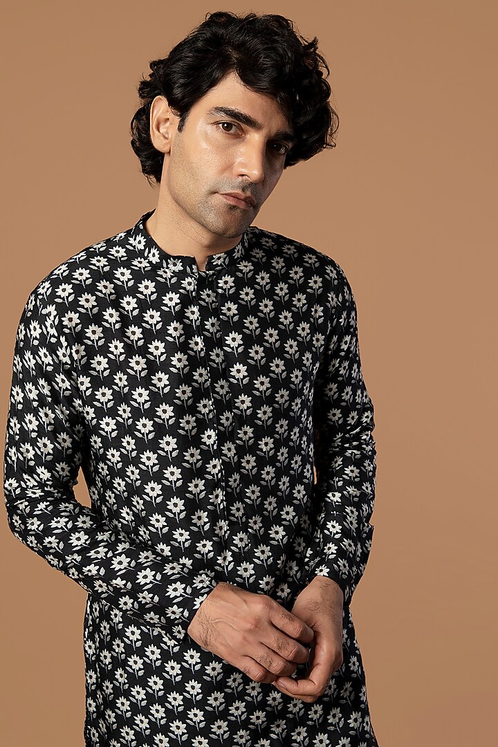 Black Raw Silk Straight Kurta Set by Masaba Men at Pernia's Pop Up Shop