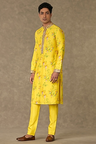 Lemon Yellow Raw Silk Printed Kurta Set by Masaba Men