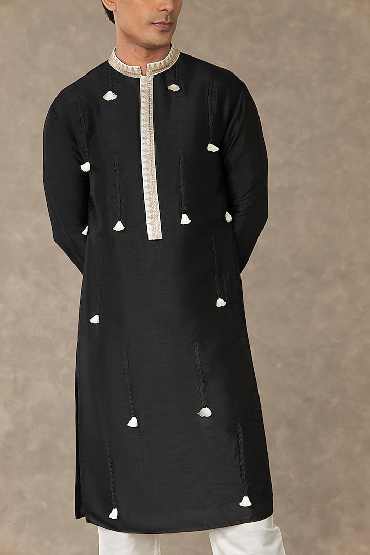 Black Raw Silk Kurta by Masaba Men at Pernia's Pop Up Shop