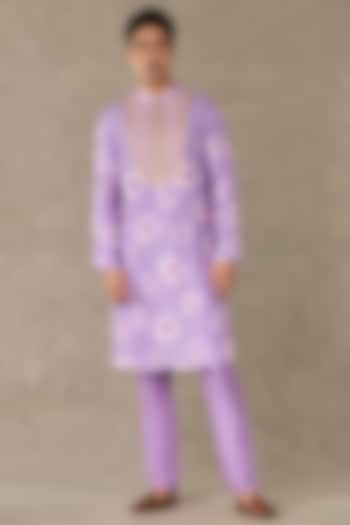 Lilac Raw Silk Printed & Embroidered Kurta by Masaba Men