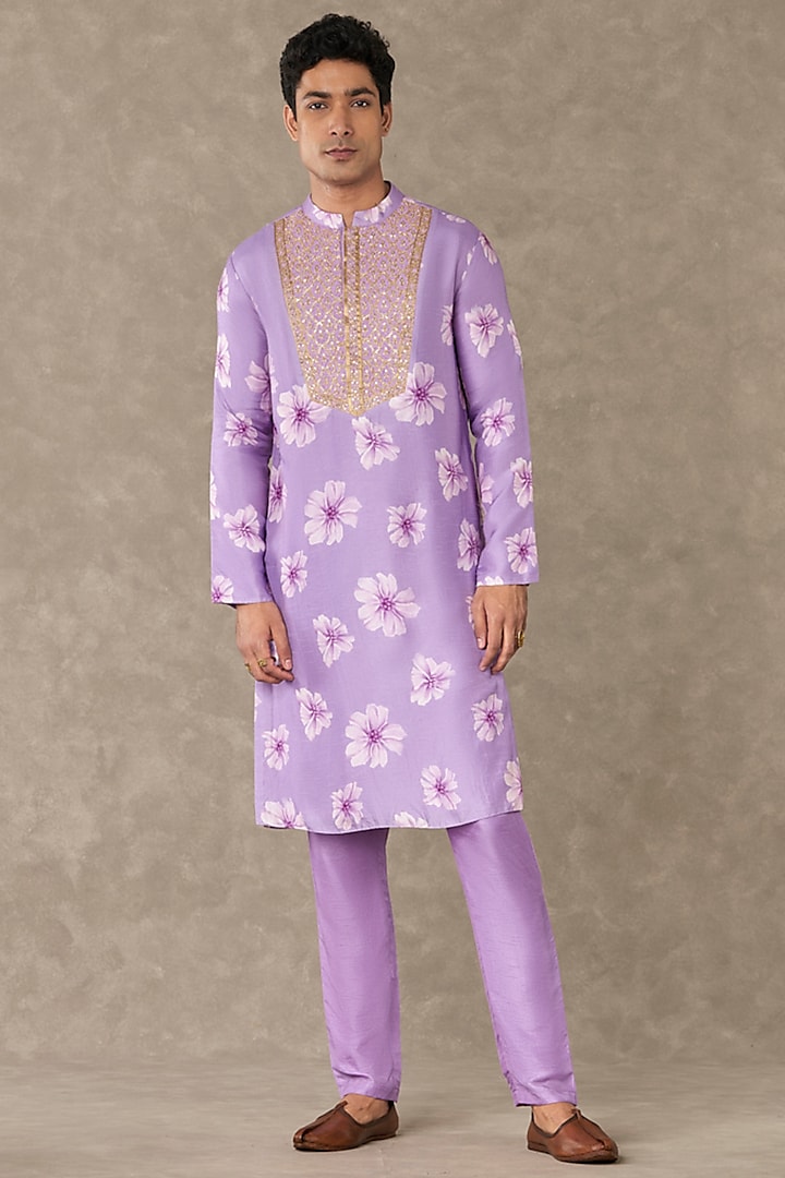 Lilac Raw Silk Printed & Embroidered Kurta by Masaba Men