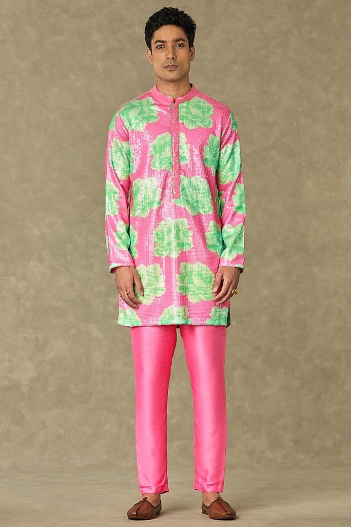 Pink Sequins Georgette Digital Printed Kurta Set by Masaba Men at Pernia's Pop Up Shop
