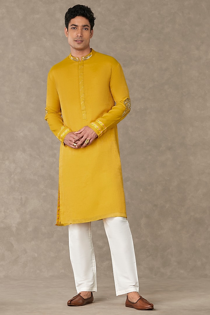 Corn Yellow Tissue Embroidered Kurta by Masaba Men