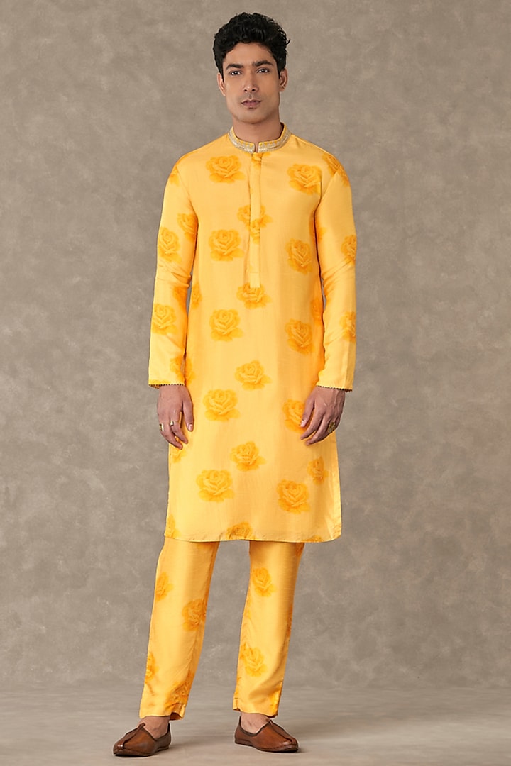 Pollen Yellow Raw Silk Digital Printed Kurta Set by Masaba Men