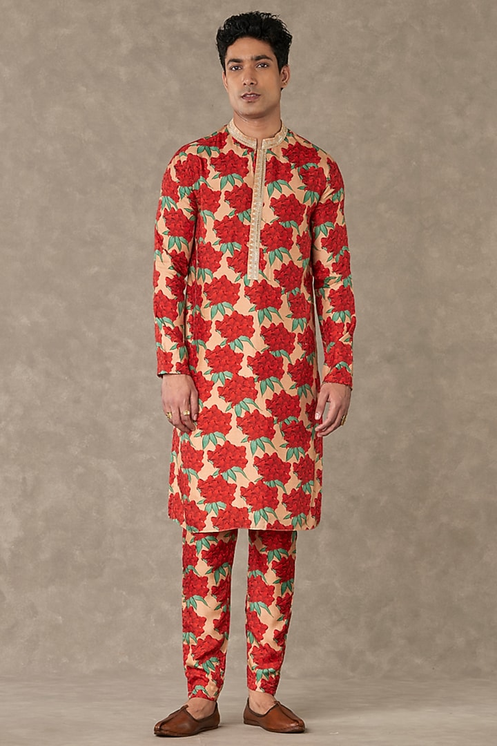 Salmon Raw Silk Digital Printed Kurta Set by Masaba Men at Pernia's Pop Up Shop