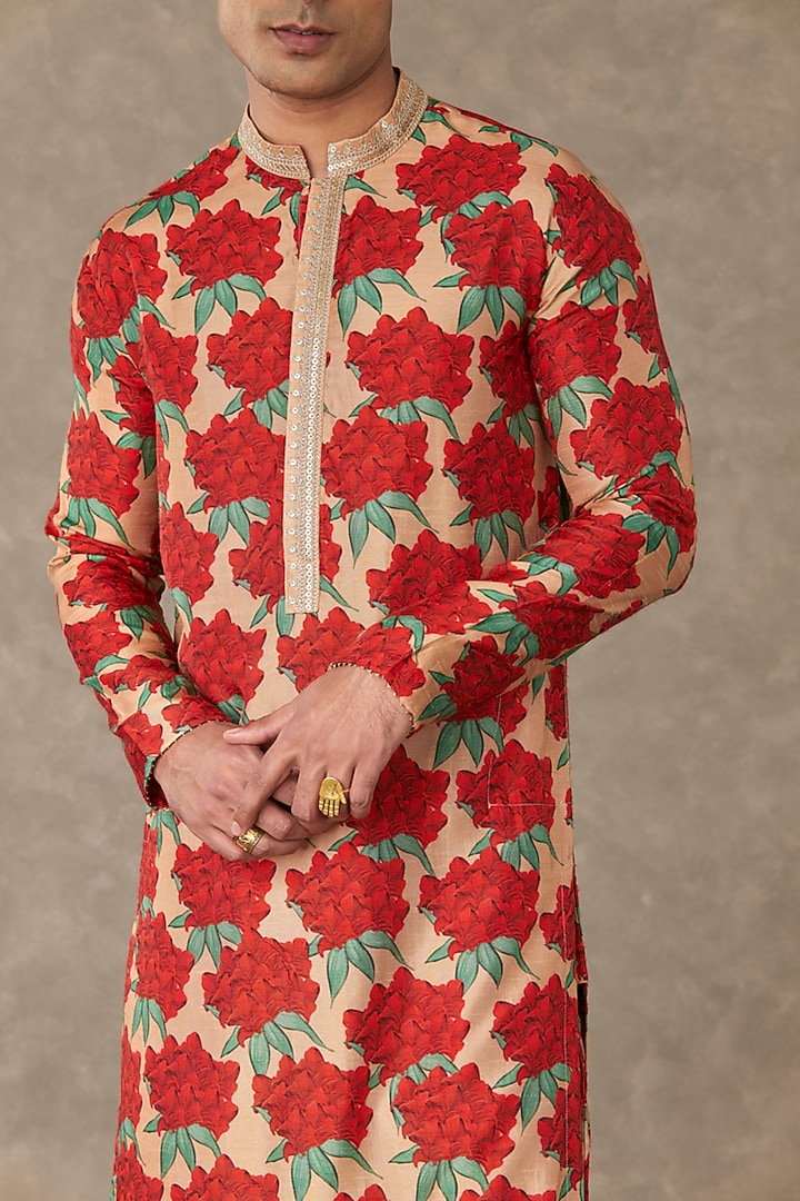 Salmon Raw Silk Digital Printed Kurta Set by Masaba Men at Pernia's Pop Up Shop