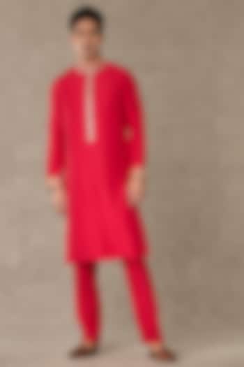 Red Raw Silk Embellished Kurta Set by Masaba Men