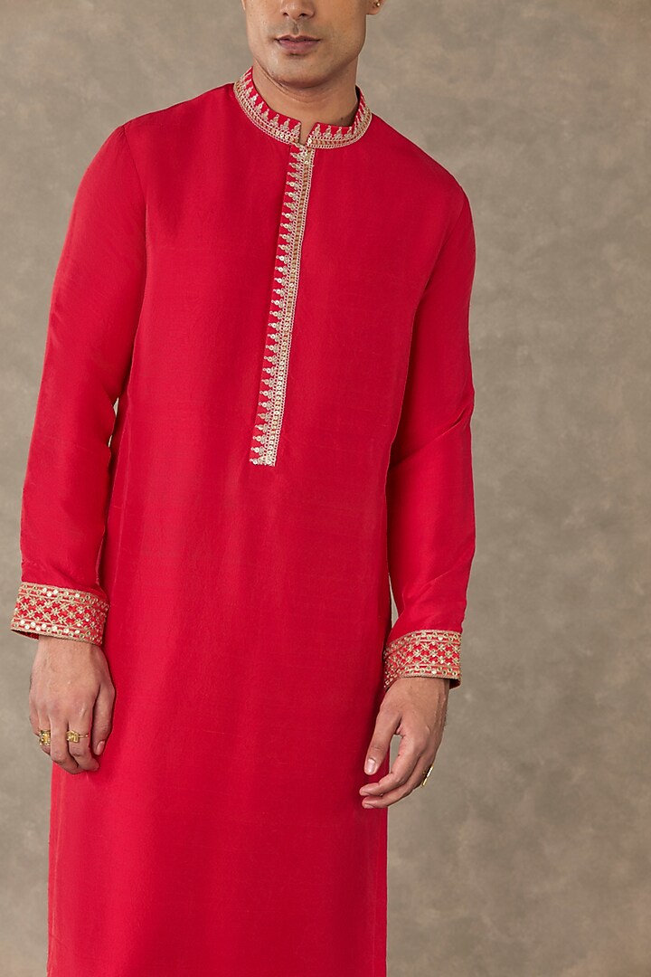 Red Raw Silk Embellished Kurta Set by Masaba Men at Pernia's Pop Up Shop