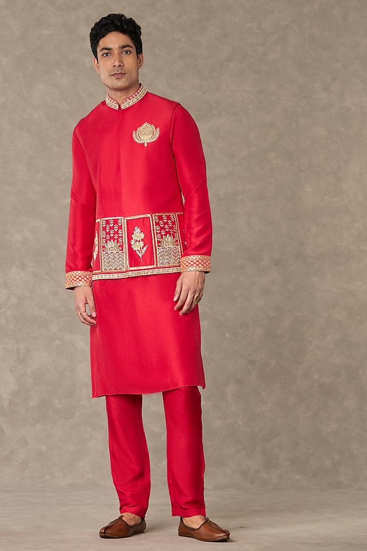 Red Dupion Silk Embroidered Bundi Jacket Set by Masaba Men
