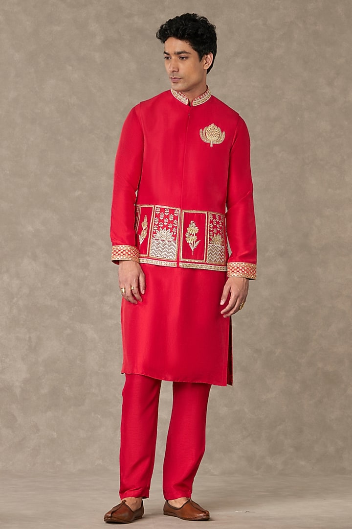 Red Dupion Silk Embroidered Bundi Jacket by Masaba Men at Pernia's Pop Up Shop