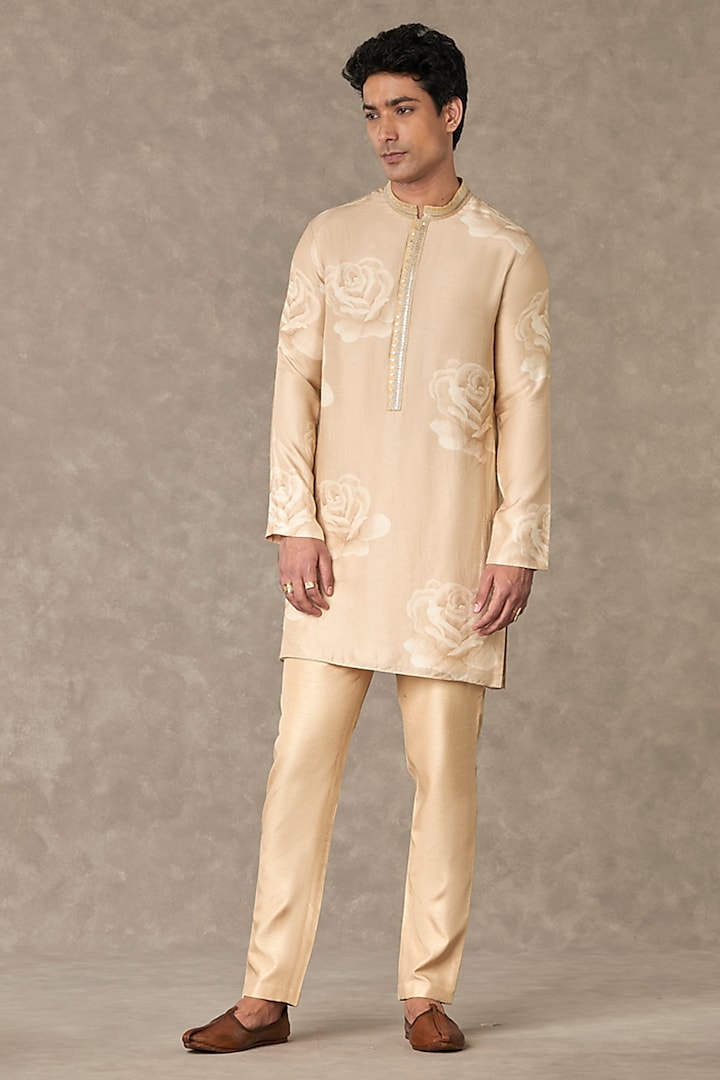 Beige Raw Silk Digital Printed Kurta Set by Masaba Men