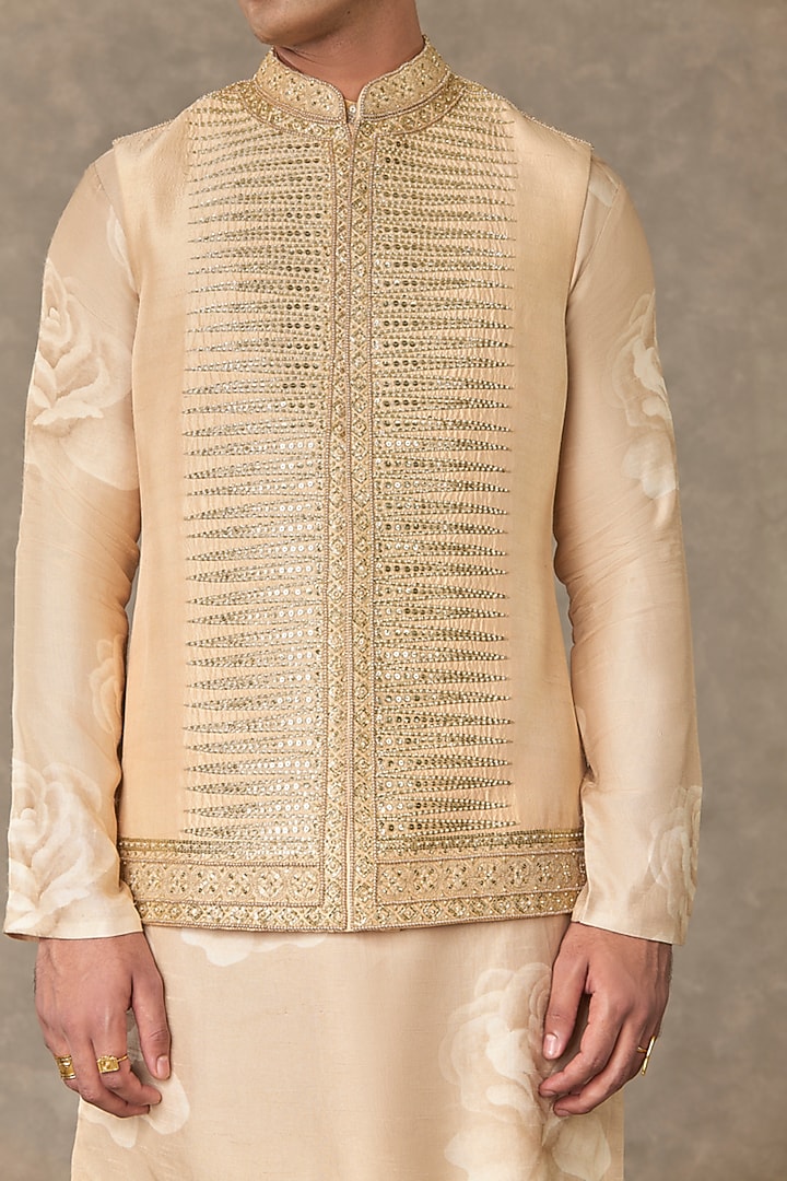 Beige Dupion Silk Embroidered Bundi Jacket by Masaba Men at Pernia's Pop Up Shop