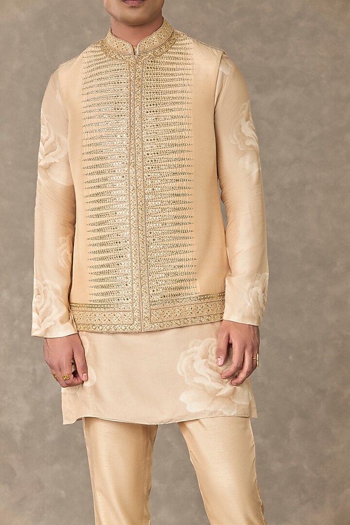 Beige Dupion Silk Embroidered Bundi Jacket by Masaba Men at Pernia's Pop Up Shop