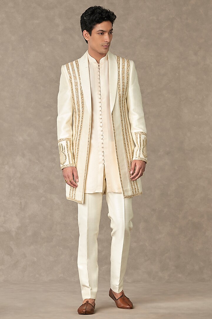 Ivory Raw Silk Embroidered Groom Indowestern Set by Masaba Men at Pernia's Pop Up Shop