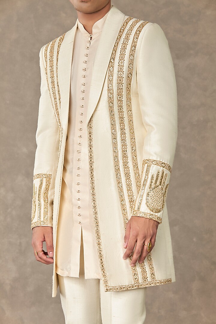 Ivory Raw Silk Embroidered Groom Indowestern Set by Masaba Men at Pernia's Pop Up Shop