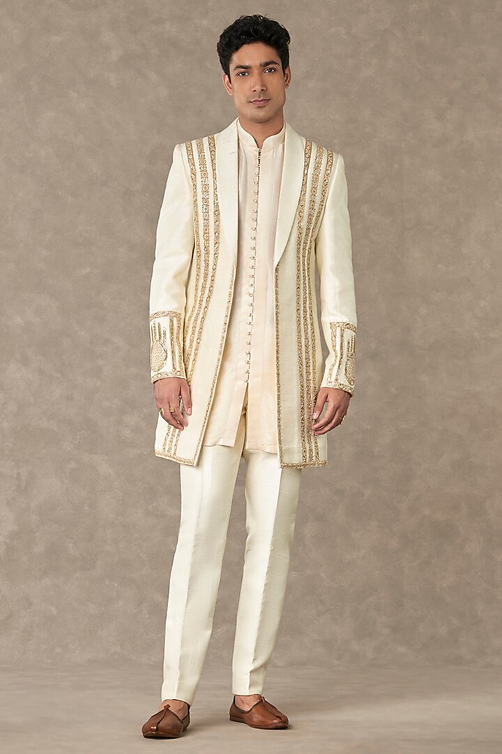 Ivory Raw Silk Embroidered Groom Indowestern Set by Masaba Men at Pernia's Pop Up Shop