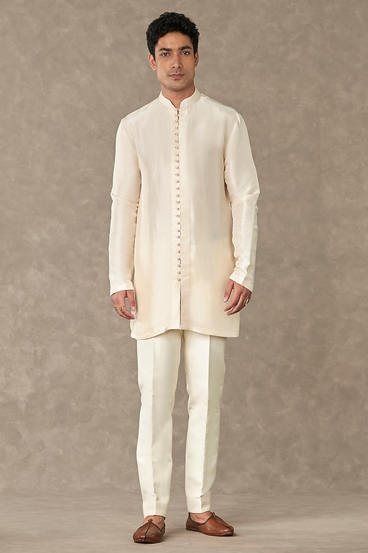 Ivory Raw Silk Embroidered Groom Indowestern Set by Masaba Men at Pernia's Pop Up Shop