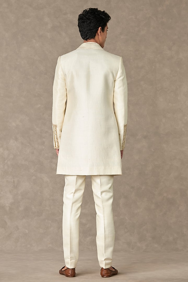 Ivory Raw Silk Embroidered Wedding Indowestern Jacket by Masaba Men at Pernia's Pop Up Shop