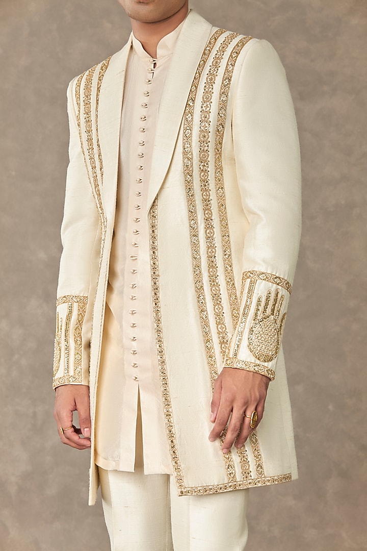 Ivory Raw Silk Embroidered Wedding Indowestern Jacket by Masaba Men at Pernia's Pop Up Shop