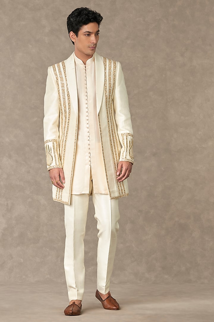 Ivory Raw Silk Embroidered Wedding Indowestern Jacket by Masaba Men at Pernia's Pop Up Shop