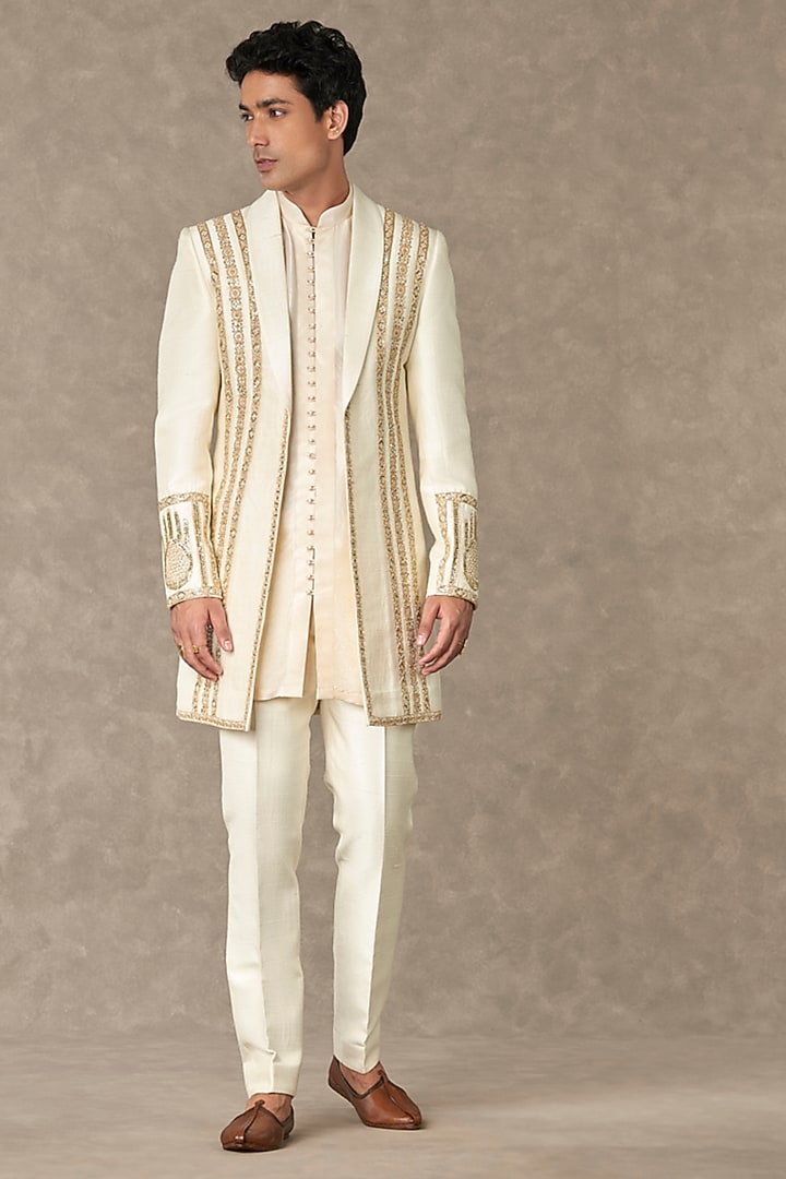Ivory Raw Silk Embroidered Wedding Indowestern Jacket by Masaba Men at Pernia's Pop Up Shop