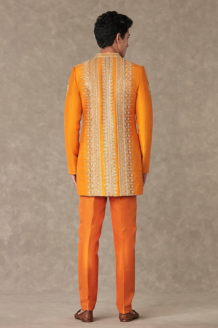 Rust Raw Silk Embroidered Groom Indowestern Jacket by Masaba Men at Pernia's Pop Up Shop