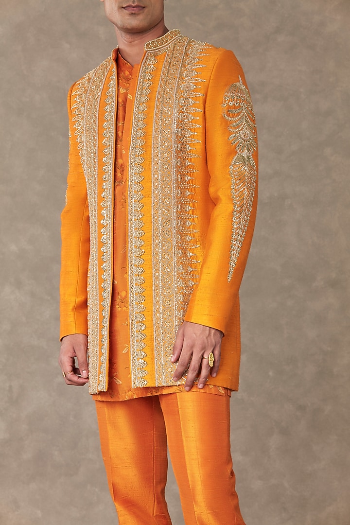 Rust Raw Silk Embroidered Groom Indowestern Jacket by Masaba Men at Pernia's Pop Up Shop