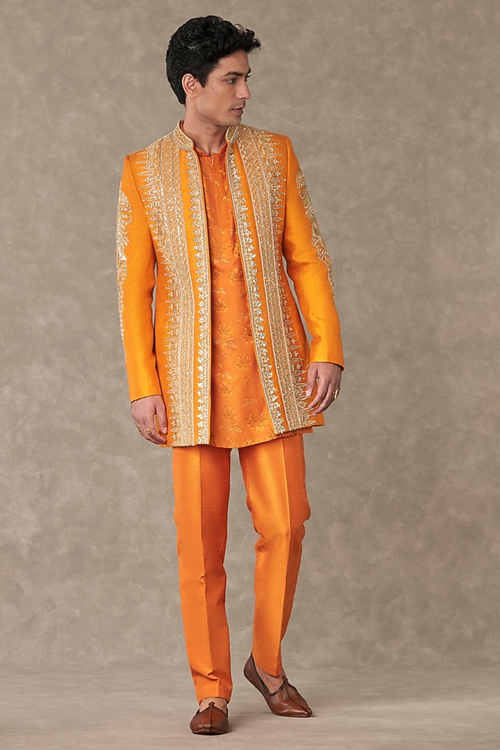 Rust Raw Silk Embroidered Groom Indowestern Jacket by Masaba Men at Pernia's Pop Up Shop