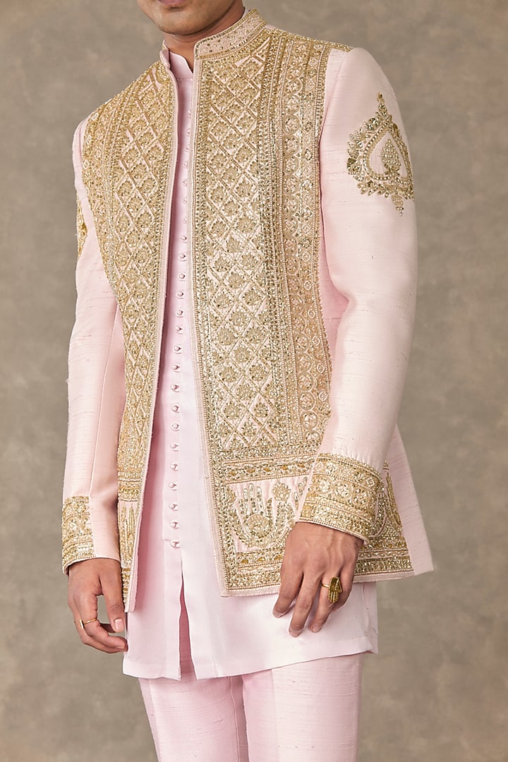 Mithai Pink Raw Silk Embroidered Wedding Indowestern Jacket by Masaba Men at Pernia's Pop Up Shop