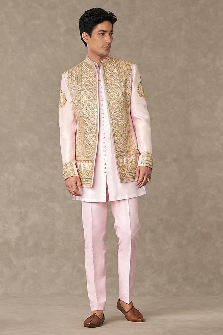 Mithai Pink Raw Silk Embroidered Wedding Indowestern Jacket by Masaba Men at Pernia's Pop Up Shop