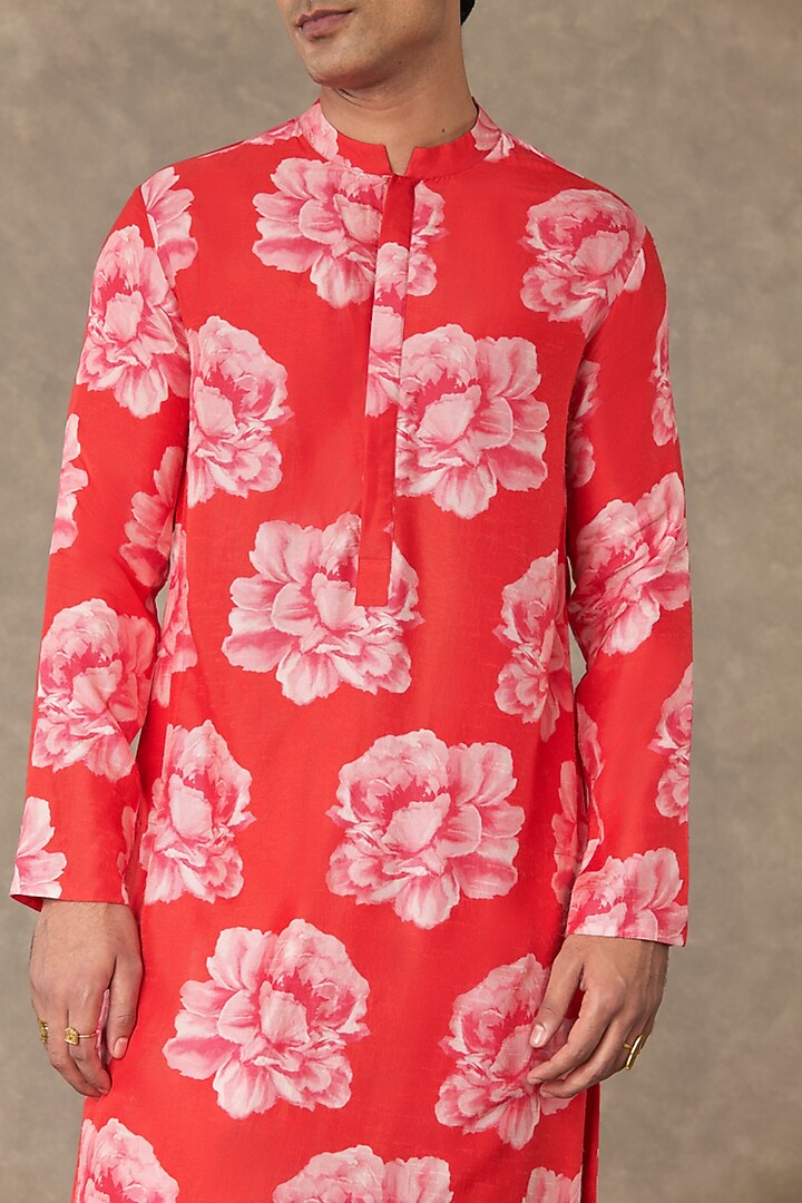 Red Raw Silk Floral Digital Printed Kurta by Masaba Men at Pernia's Pop Up Shop