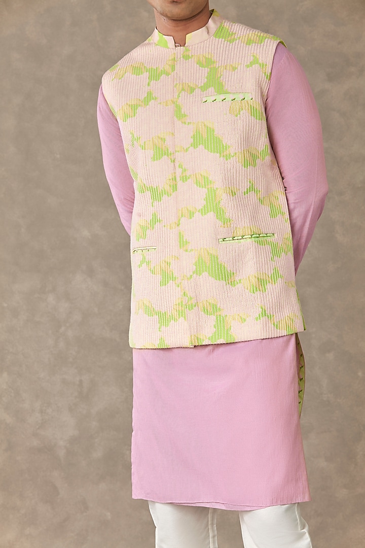 Mint Green Raw Silk Printed Bundi Jacket by Masaba Men at Pernia's Pop Up Shop