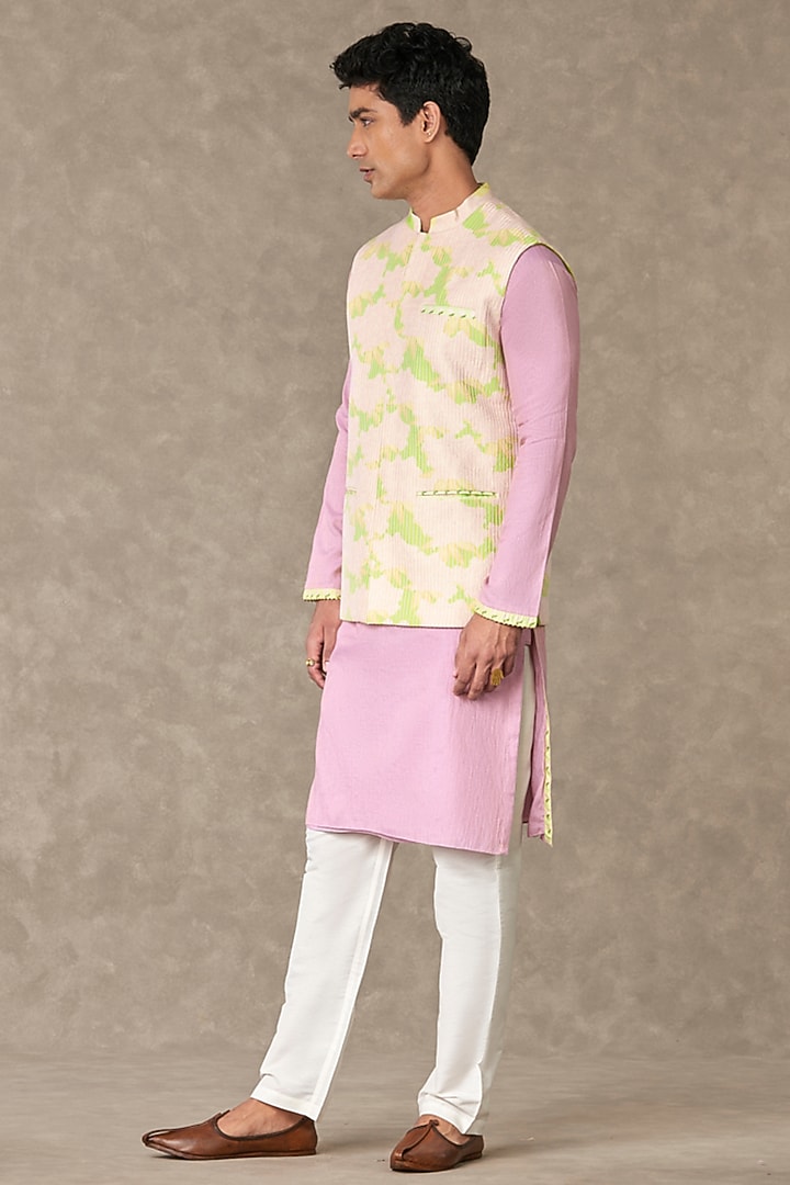 Mint Green Raw Silk Printed Bundi Jacket by Masaba Men at Pernia's Pop Up Shop