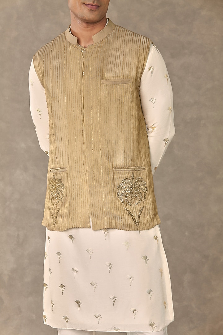 Gold Tissue Embroidered Bundi Jacket With Kurta by Masaba Men at Pernia's Pop Up Shop
