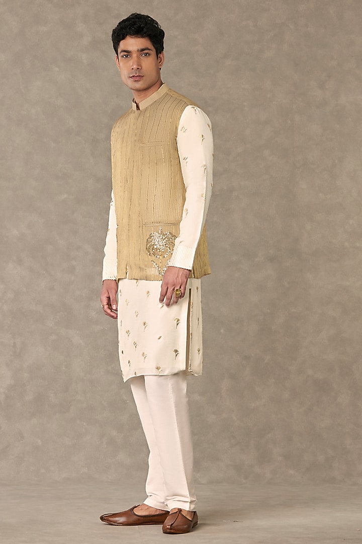 Gold Tissue Embroidered Bundi Jacket With Kurta by Masaba Men at Pernia's Pop Up Shop