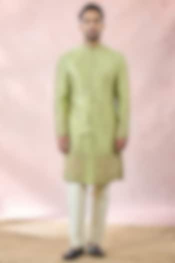 Mint Green Heavy Raw Silk Zardosi Embroidered Groom Sherwani Set by Masaba Men at Pernia's Pop Up Shop