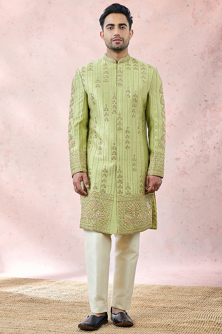 Mint Green Heavy Raw Silk Zardosi Embroidered Groom Sherwani Set by Masaba Men at Pernia's Pop Up Shop