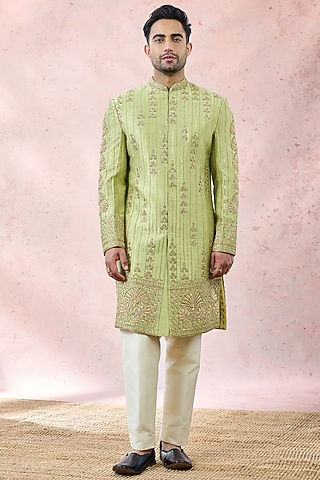 Mint Green Heavy Raw Silk Zardosi Embroidered Sherwani Set by Masaba Men