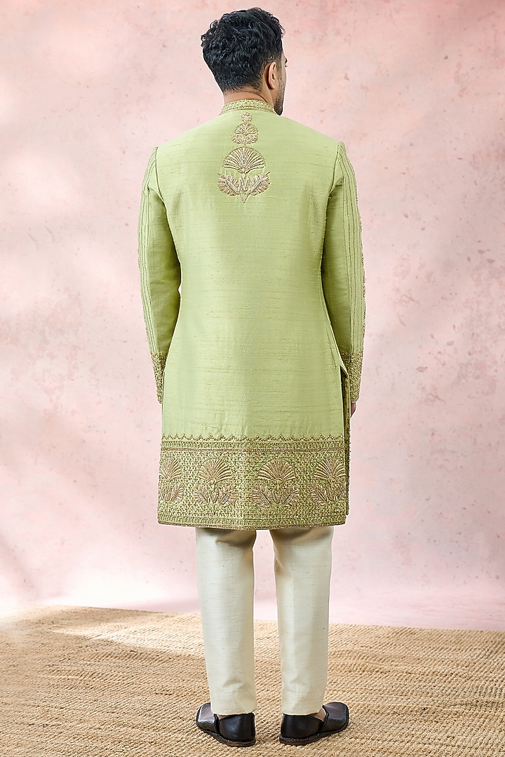 Mint Green Heavy Raw Silk Zardosi Embroidered Groom Sherwani Set by Masaba Men at Pernia's Pop Up Shop
